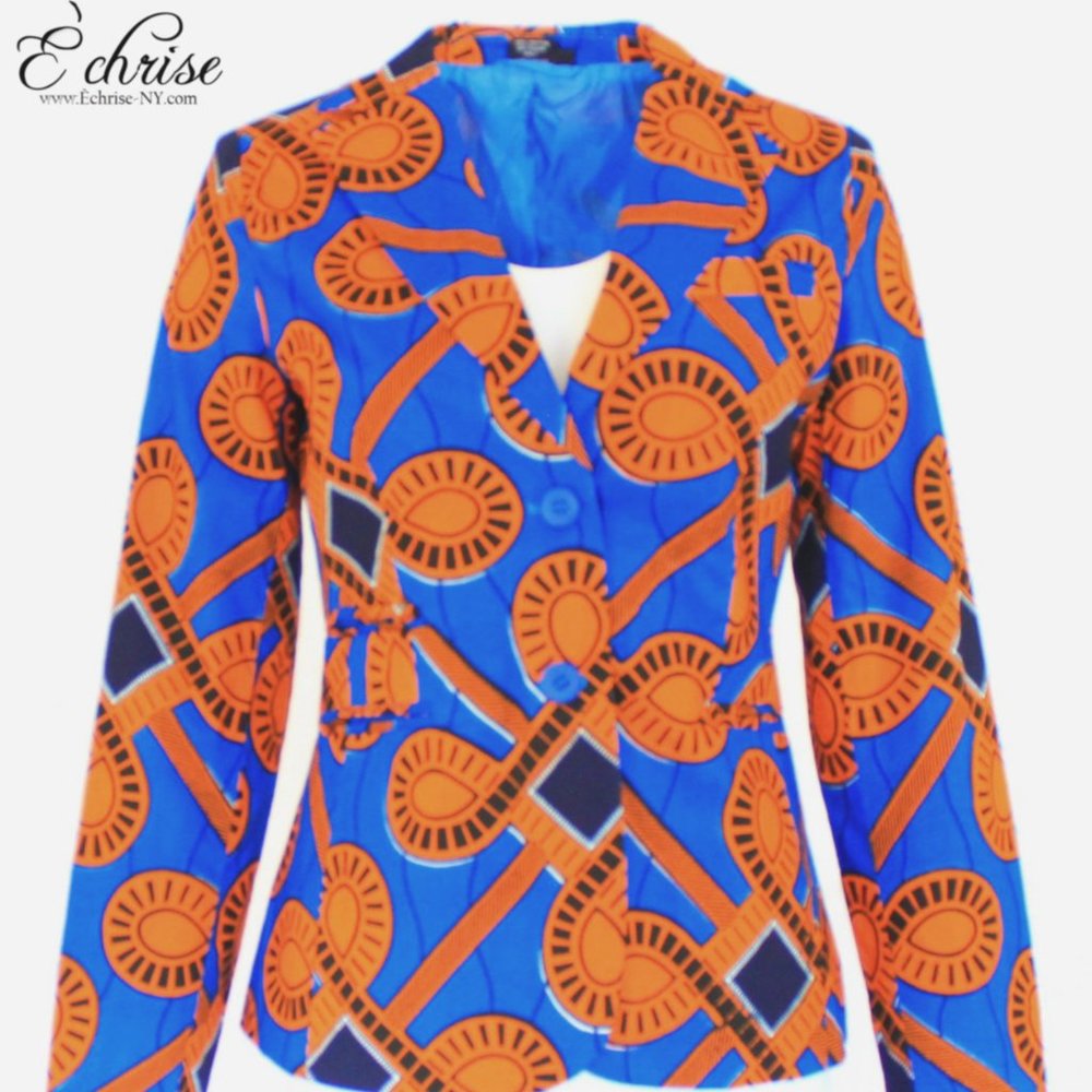 NWT Geometric African Print Blazer - B1473 Blue & Orange